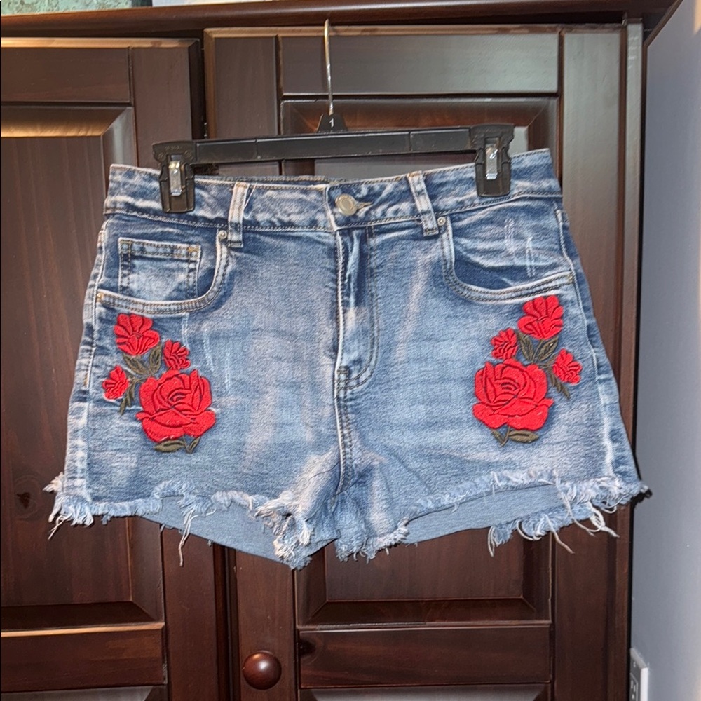 Embroidered Denim Shorts with Red Floral Design